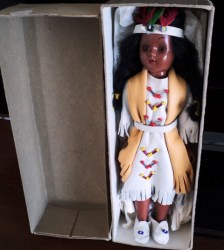 8'' ORIGINAL HARD PLASTIC  NATIVE DOLL, BEADED LEATHER DRESS,  MOCCASINS, BOX